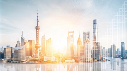 A panoramic cityscape at sunrise, featuring towering skyscrapers and a glistening river, overlaid with abstract lines, symbolizing growth and opportunity.