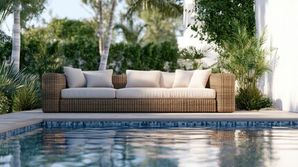 Fototapeta premium Comfortable rattan sofa with cushions near a sparkling pool, set for ultimate relaxation under the sun. Clean space for text.