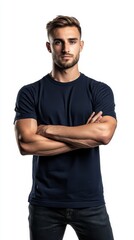 Fototapeta premium The model poses confidently in a basic navy T-shirt on a stark white background