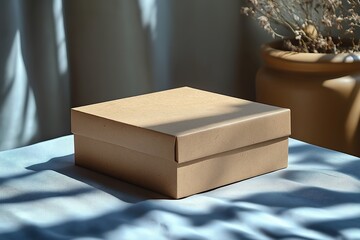 Simple brown box resting on a textured surface with soft sunlight illuminating it indoors