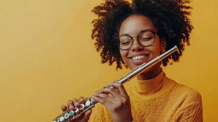 Music teacher with a flute, smiling warmly, set on a yellow background