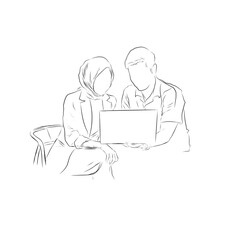 sketch of woman and man discussing office work using laptop or computer, with white background