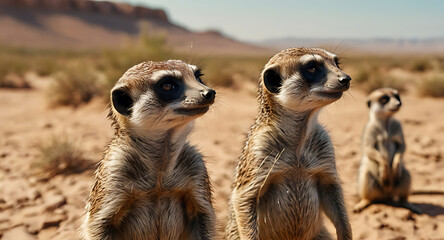 Illustration of a group of curious meerkats standing upright in a desert landscape, all looking forward with alert expressions against a sandy backdrop.