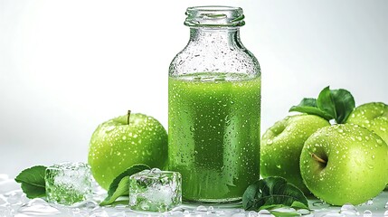 Refreshing Green Apple Juice: A vibrant image of a glass bottle filled with freshly squeezed green apple juice, accompanied by crisp green apples and ice cubes.