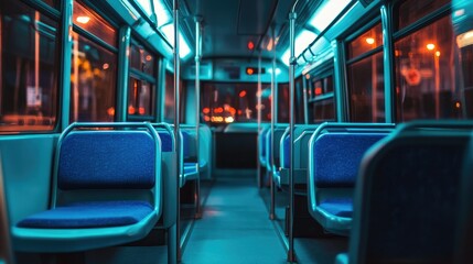 Naklejka premium Empty public bus interior featuring blue cushioned seats and overhead rails, perfect for a serene city transport experience.