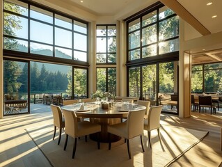 Round dining table with modern chairs, surrounded by large windows for dramatic natural lighting