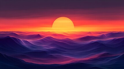 Fototapeta premium A breathtaking sunset over a serene ocean, featuring undulating waves in deep purples and fiery oranges, creating a mesmerizing gradient in the sky and water.