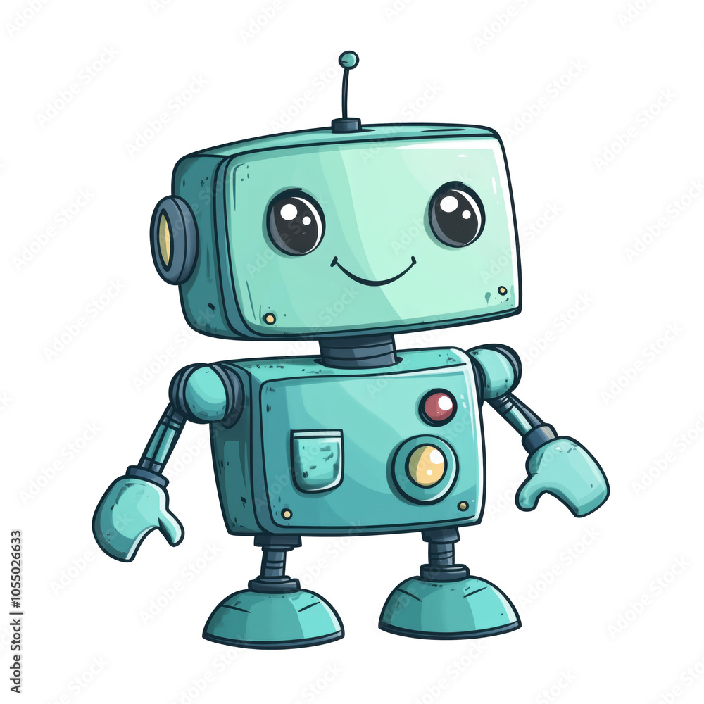 Poster cute robot character with smiling face and colorful buttons, isolated on transparent background, png