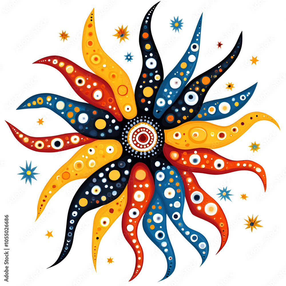 Poster colorful abstract design featuring swirling shapes and celestial elements in a vibrant display of ar