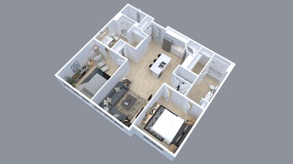 3D Floor plan of a house top view 3D illustration. Open concept living apartment layout