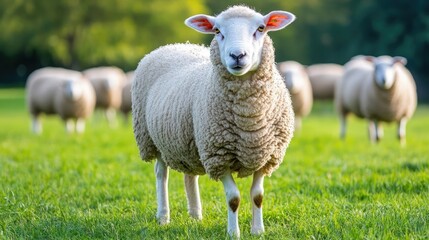 Obraz premium Sheared sheep grazing in a green pasture under a bright blue sky, symbolizing peaceful farm life