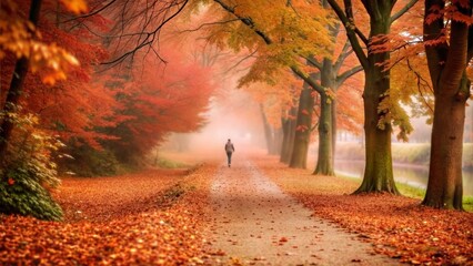 Obraz premium Person Strolling in Foggy Autumn Park