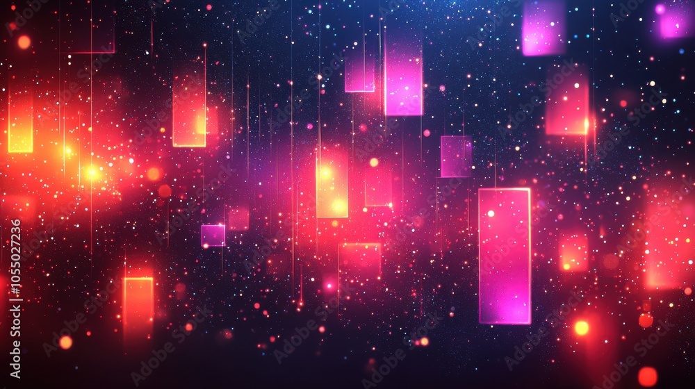 Poster colorful abstract design with floating rectangles and shimmering particles in a vibrant cosmic backg