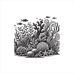 Underwater Scene ClipArt Design - Coral Reef Vector illustration in black and white
