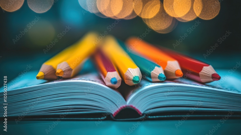 Poster a close-up shot of colorful pencils resting on an open book with a bokeh background.