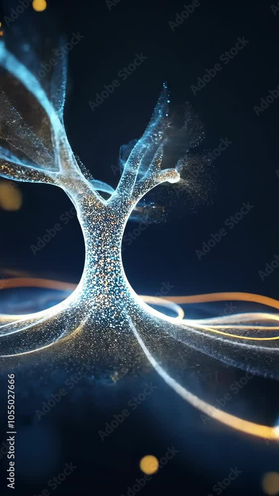 Poster glowing digital tree with light particles on dark background
