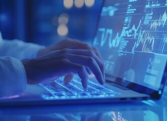 A businessman working on a laptop with financial data and graphs a hologram floating above the keyboard Close-up of hands typing quickly against a blue background A digital screen shows growth charts