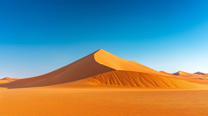 Towering desert dunes against a backdrop of clear blue sky, deep shadows emphasizing the height, fine sand details, perfect lighting, balanced hues, majestic feel