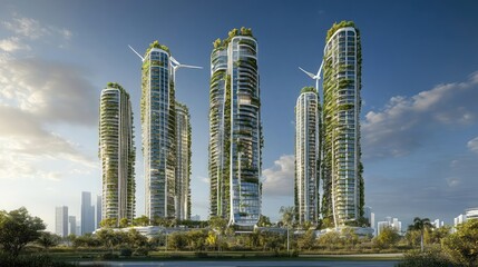Obraz premium Solar-powered skyscrapers with integrated wind turbines