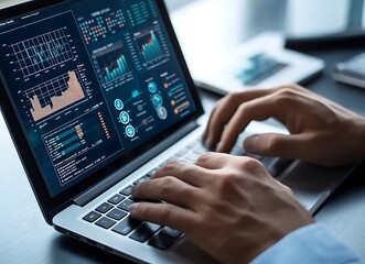 A businessman working with a symmetrical graph and chart data financial diagrams and a business screen on a laptop in the office The man's hands are typing on a keyboard using modern technology