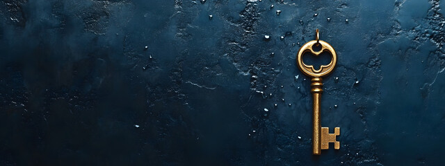 A gold key dangles from a dark blue wall, its lower end adorned with water droplets