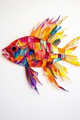 Fototapeta premium A vibrant, colorful fish outlined in bold neon colors, swimming alone on a stark white background. 