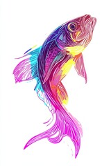 Fototapeta premium A vibrant, colorful fish outlined in bold neon colors, swimming alone on a stark white background. 