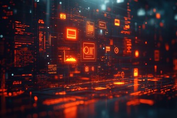 Abstract futuristic digital interface with glowing red icons and data streams on a dark background.