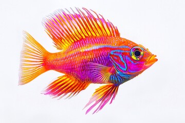 Fototapeta premium A vibrant, colorful fish outlined in bold neon colors, swimming alone on a stark white background. 