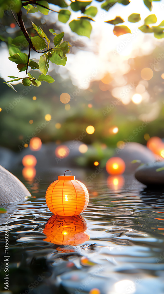 Aufkleber enchanting lanterns floating on a serene river at dusk casting soft reflections amidst nature's embr