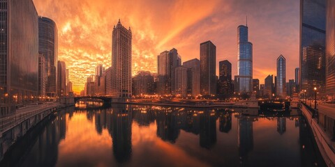 Fototapeta premium Chicago Skyline Sunrise Reflection