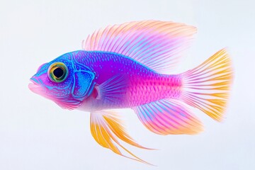 Fototapeta premium A vibrant, colorful fish outlined in bold neon colors, swimming alone on a stark white background. 