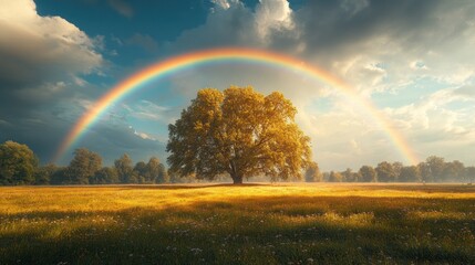 Naklejka premium Solitary Tree in a Golden Field with a Rainbow Arching Over It