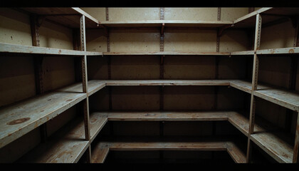 Empty wooden pantry shelves in dim light, minimalism concept