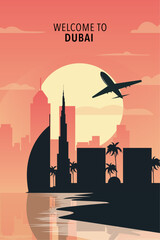 Welcome to Dubai, UAE. Retro city poster with abstract shapes of skyline, buildings, plane flying over shore. Vintage United Arab Emirates travel vector illustration