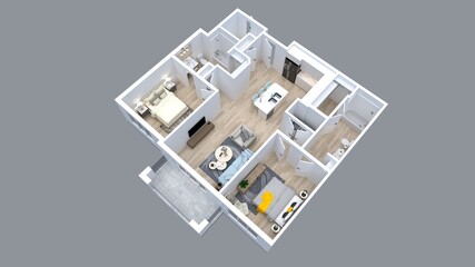 3D Floor plan of a 2 bedroom home, 3D illustration. Open concept living apartment layout