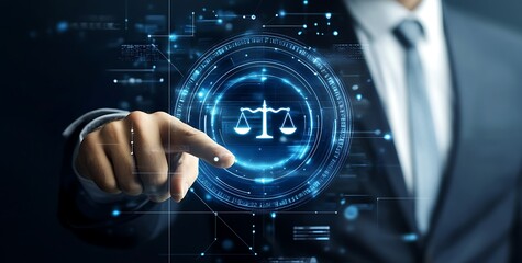 A lawyer's hand touching a virtual screen with a scales of justice icon representing the law and legal studio 