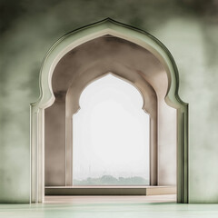 Fototapeta premium Arabesque arch green geometric shapes with podium, stairs and arches, simple design, muted colors, smooth curves, minimalistic background