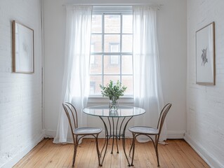 Fototapeta premium Simple dining room with white walls, a small glass table, and metal chairs