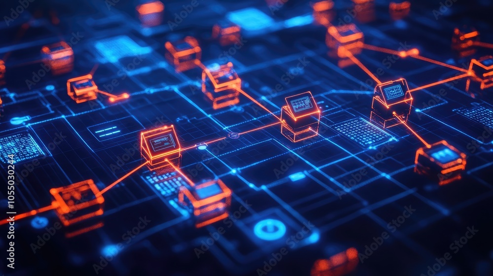 Poster Visual of data blocks connected in a blockchain with security icons and nodes
