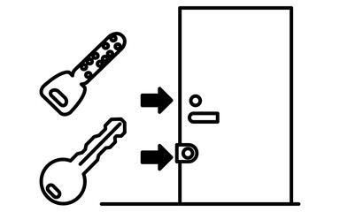 二重鍵の玄関ドア、防犯とホームセキュリティの白黒アイコン
