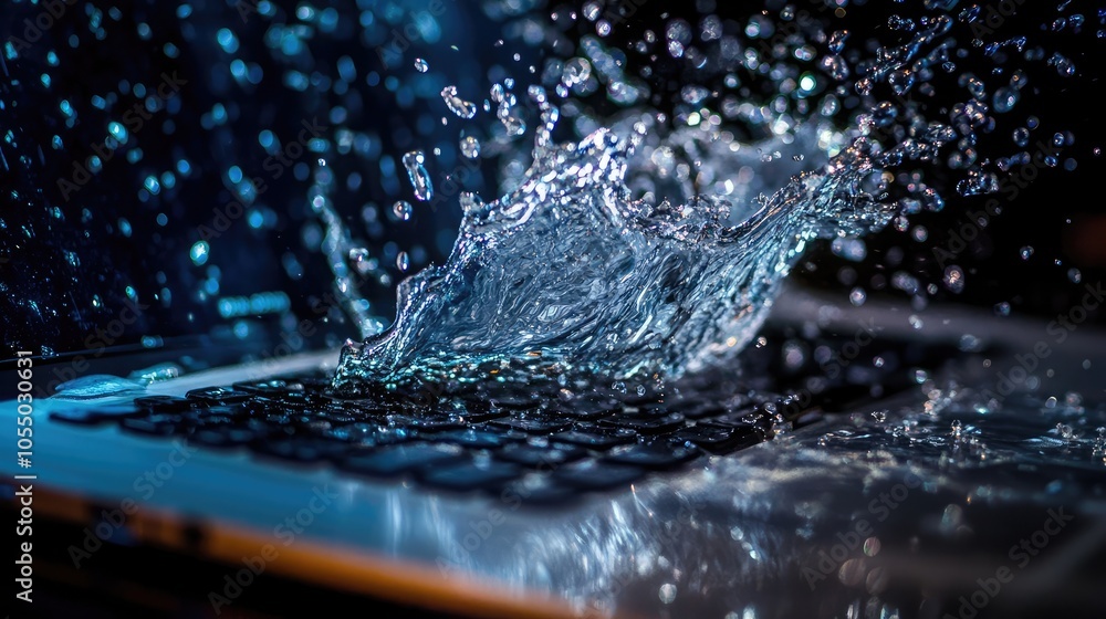 Poster water splashing on a laptop keyboard, representing accidental damage and the importance of tech safe