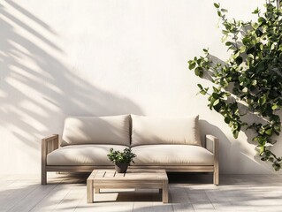 Simple outdoor patio with a minimalist design, featuring a basic two-seater sofa in light beige and a small coffee table