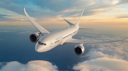 Obraz premium White airplane in flight with blue sky and soft clouds