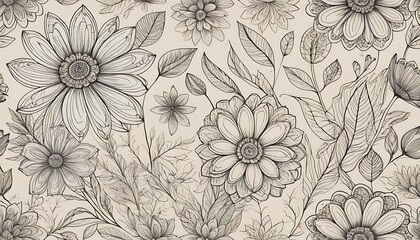 A monochrome floral pattern with various flower types and leaf arrangements
