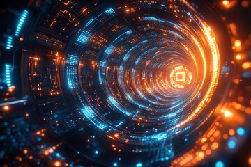 Obraz premium Abstract futuristic tunnel with glowing orange and blue lights. (1)
