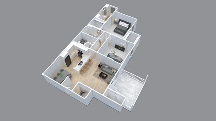 3D Floor plan of a 2 bedroom home, 3D illustration. Open concept living apartment layout