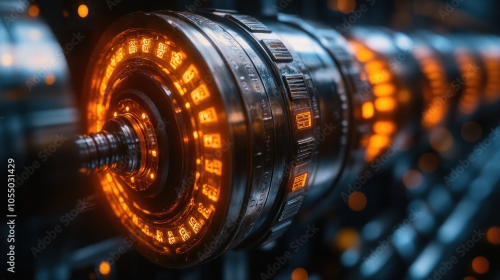 Poster close-up of a futuristic mechanical component with glowing elements.