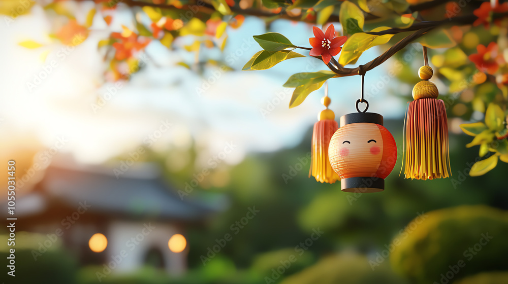 Aufkleber vibrant red lanterns swaying gently from tree branches in a serene garden setting