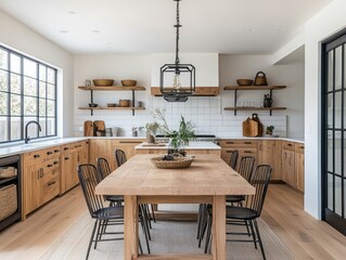 Fototapeta premium Small dining room and kitchen with a light wooden dining table and black metal chairs